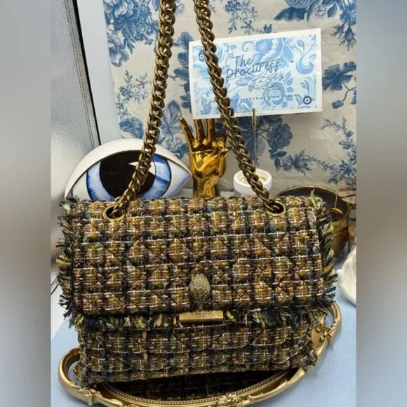 🆕 KURT GEIGER LONDON 🧿 NWOT Large Kensington X Tweed Shoulder Bag, Black Brown - Picture 2 of 16